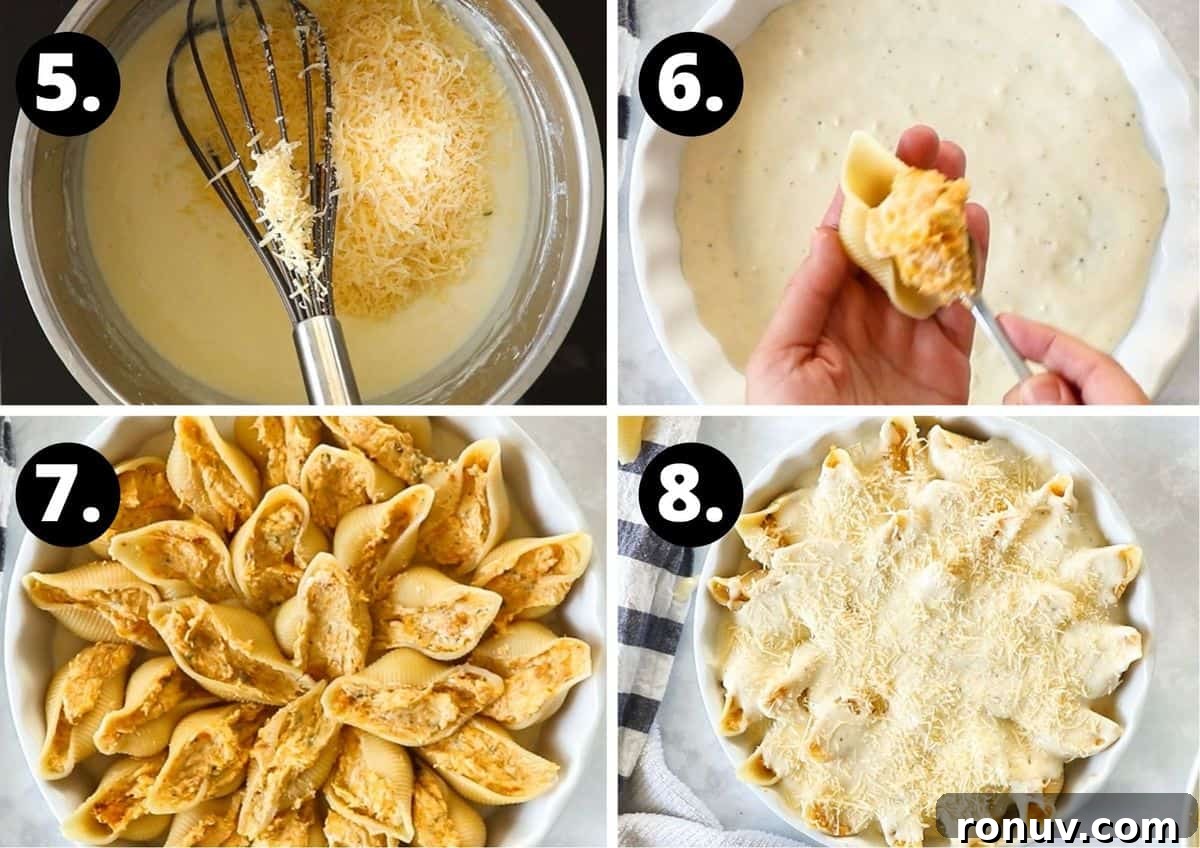 Creamy Pumpkin Ricotta Stuffed Shells Recipe 5 Steps 5-8 of making this recipe in a photo collage - mixing in some cheese to the sauce, filling the pasta shells, a dish of assembled pasta shells and the dish topped with the garlic white sauce.