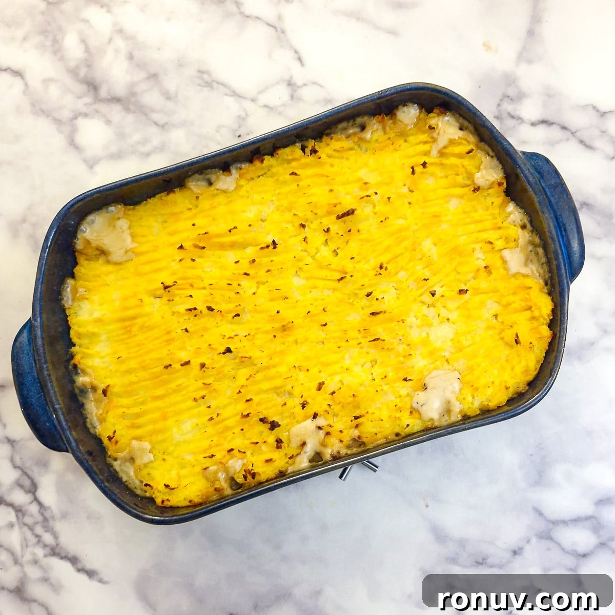 Turn Leftover Chicken Into Shepherd's Pie 14 A baked leftover chicken shepherd's pie covered in browned potatoes.