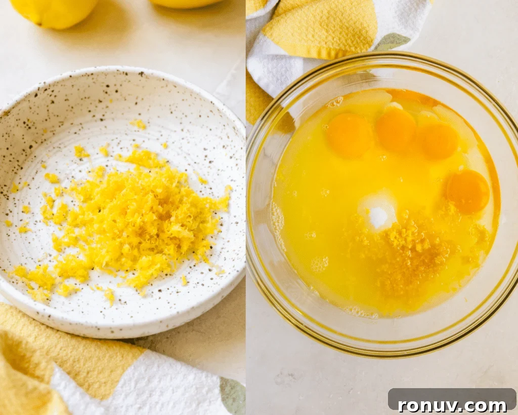 Silky Homemade Lemon Curd Recipe 5 lemon zest on a white speckled plate and lemon juice, zest, sugar and eggs in a glass mixing bowl.