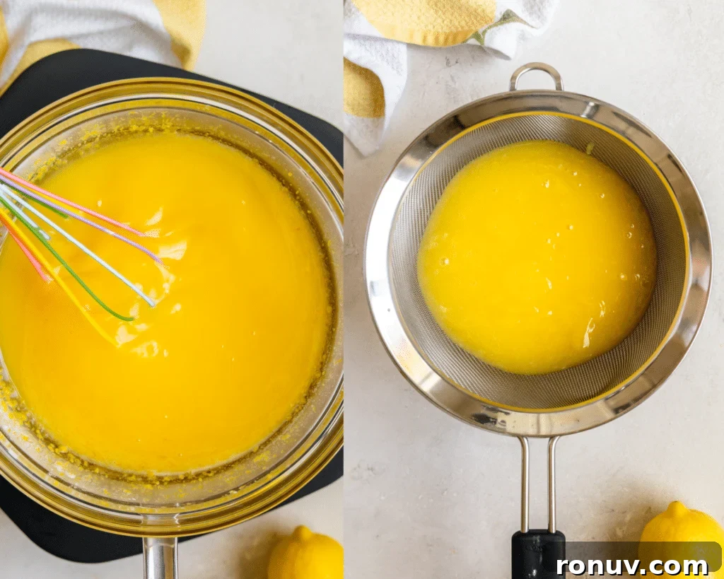 Silky Homemade Lemon Curd Recipe 6 whisking lemon curd on a double boiler and straining through a sieve.