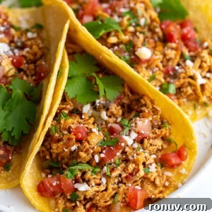 shredded tofu tacos made with corn tortillas and topped with cotija cheese, chopped cilantro, and diced tomatoes
