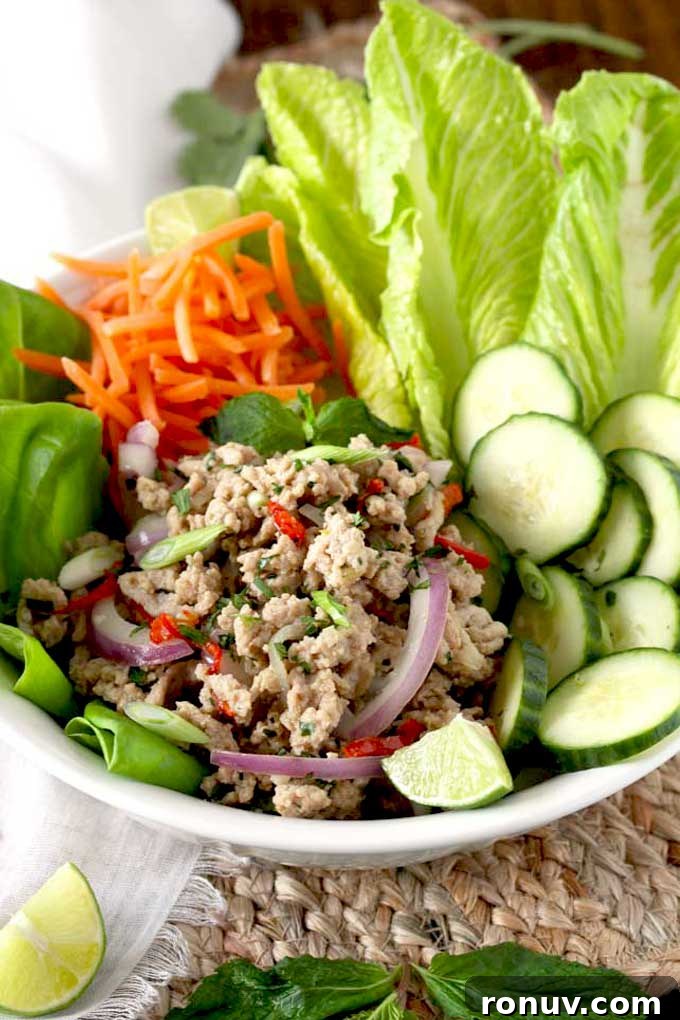 Thai Larb Gai (Chicken Larb) Recipe 2 Thai Larb salad served with vegetables in a white bowl.