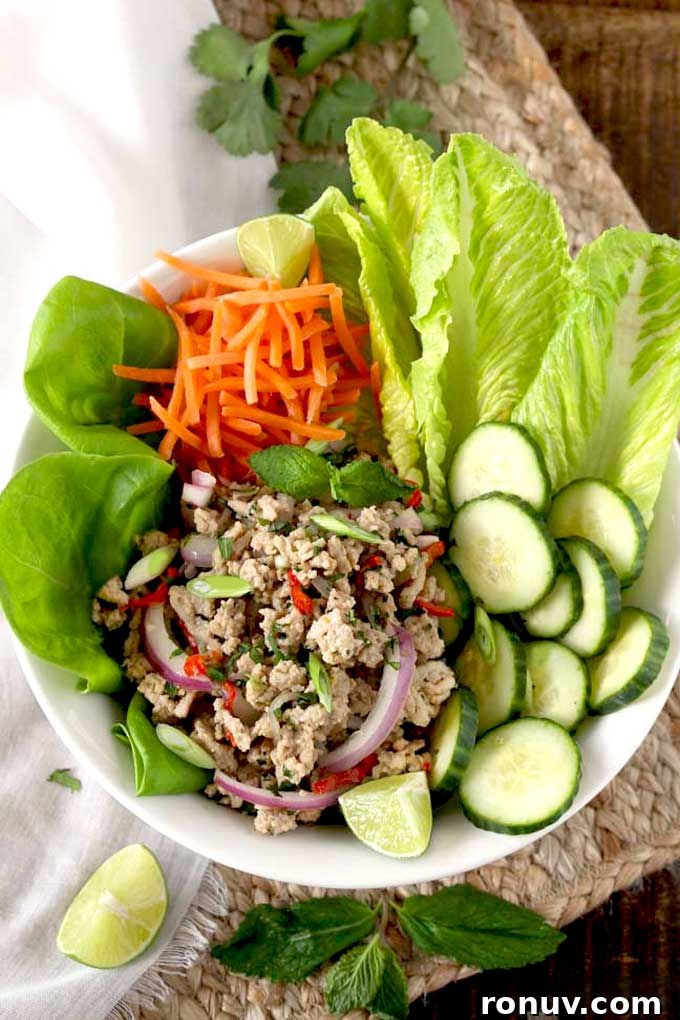 Thai Larb Gai (Chicken Larb) Recipe 3 A bowl filled with ground chicken larb salad with lettuce leaves, cucumbers and carrots