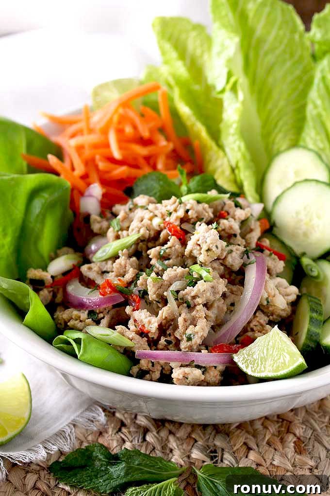 Thai Larb Gai (Chicken Larb) Recipe 6 Ground chicken and fresh herbs salad served with fresh raw vegetables.