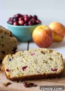 Moist Cranberry Apple Bread Recipe 4 A slice of bread studded with cranberries and apple chunks on a wooden board.
