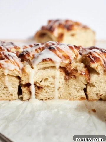 A side view of Sourdough Discard Cinnamon Roll Focaccia.