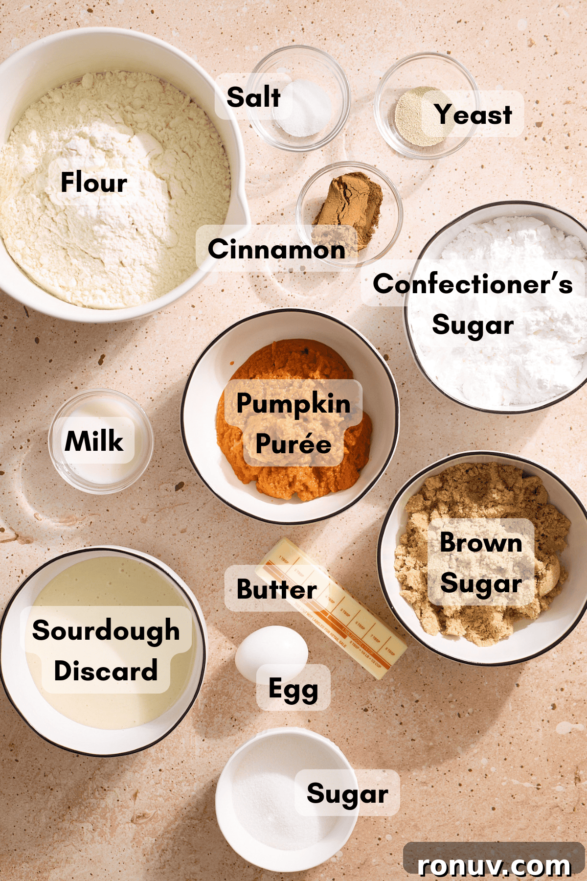 Pumpkin Cinnamon Rolls Recipe with Sourdough Discard 3 Ingredients for Sourdough Discard Pumpkin Cinnamon Rolls in small bowls.