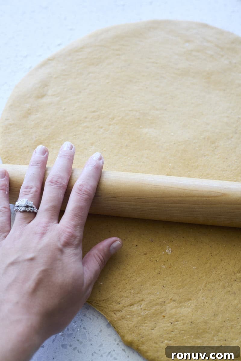 Pumpkin Cinnamon Rolls Recipe with Sourdough Discard 6 A hand rolling the dough with a rolling pin.