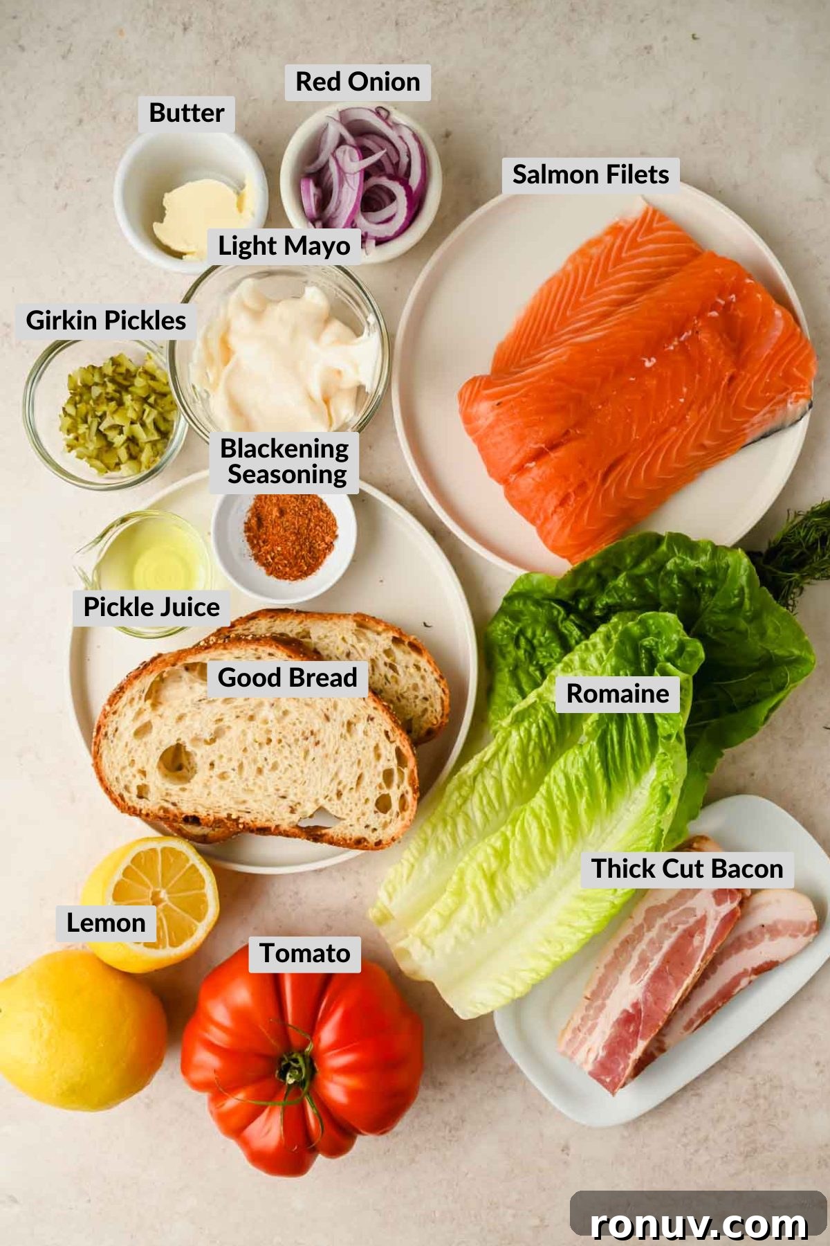 Salmon BLT Sandwich Recipe with Avocado & Lemon-Dill Mayo 3 ingredients for salmon blt spread on neutral background.