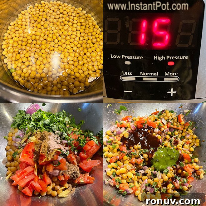 Matar Chaat Recipe: Tangy Indian Spiced Peas 3 step by step picture collage of making matar chaat