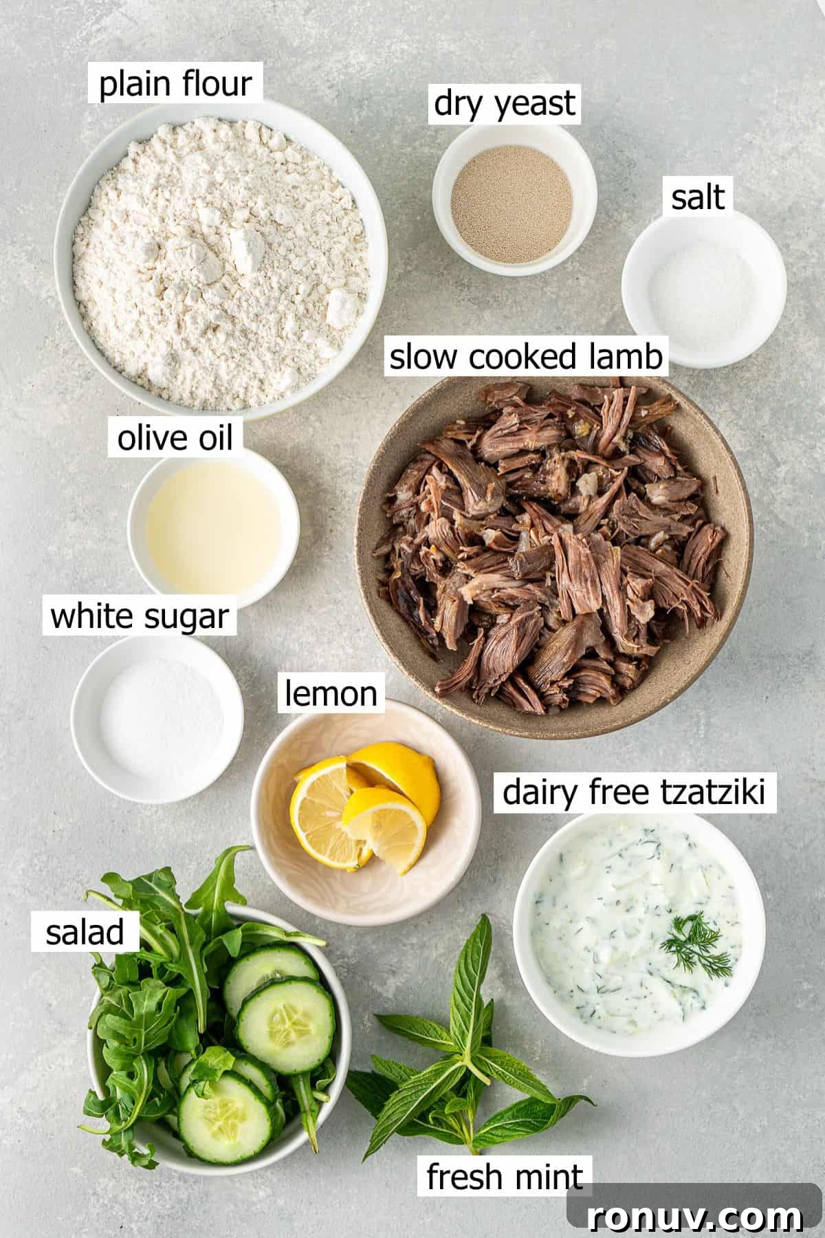 Grilled Greek Lamb Pitas with Tzatziki and Feta 3 All ingredients needed to make greek lamb pitas laid out in bowls.