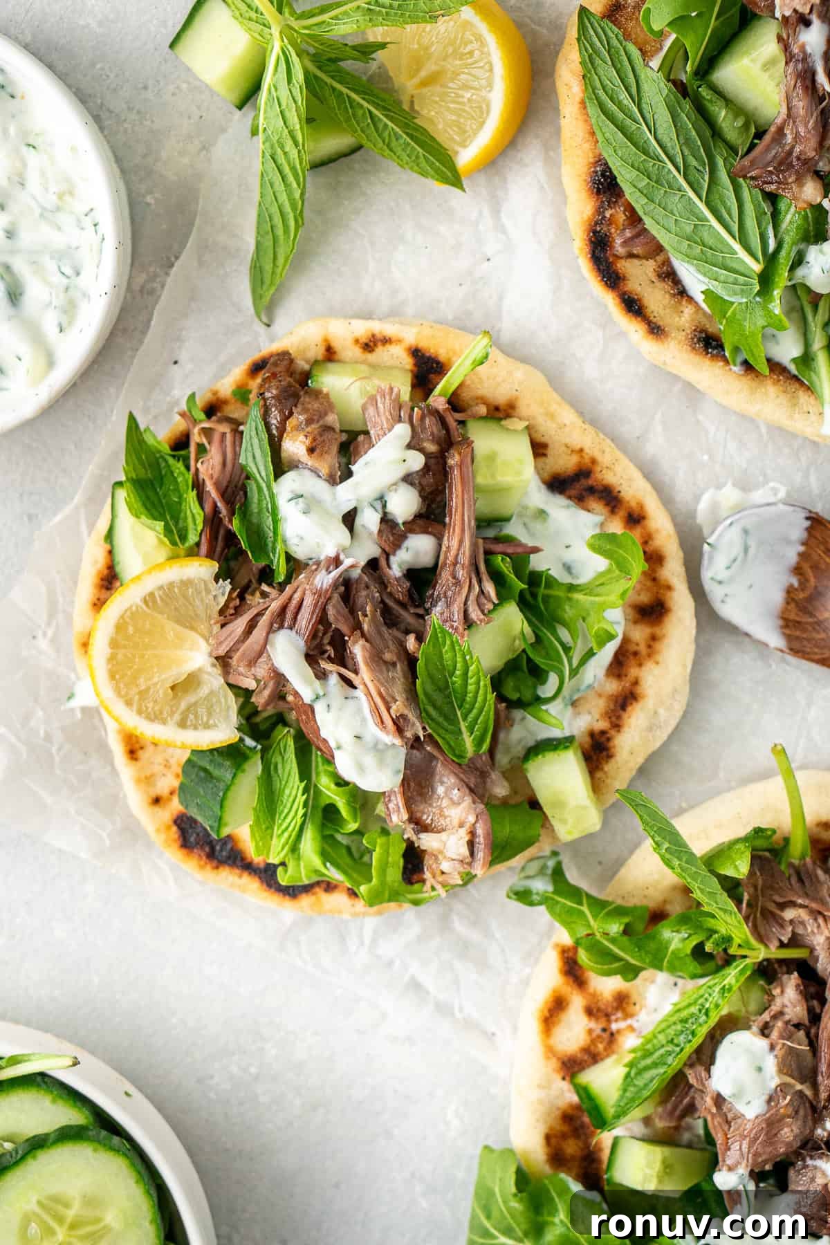 Grilled Greek Lamb Pitas with Tzatziki and Feta 4 The lamb pitas with dairy free tzatziki.