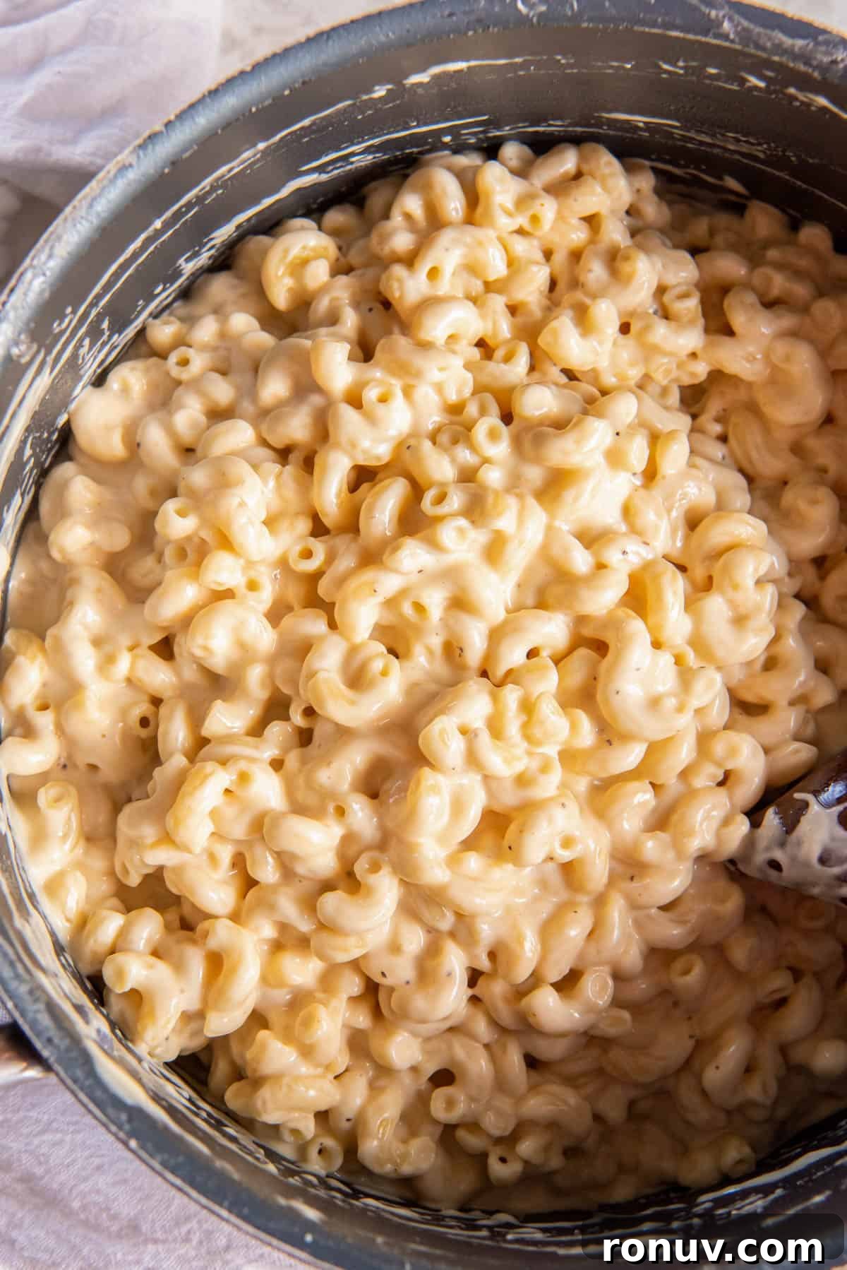 A large pot of gouda mac and cheese. 