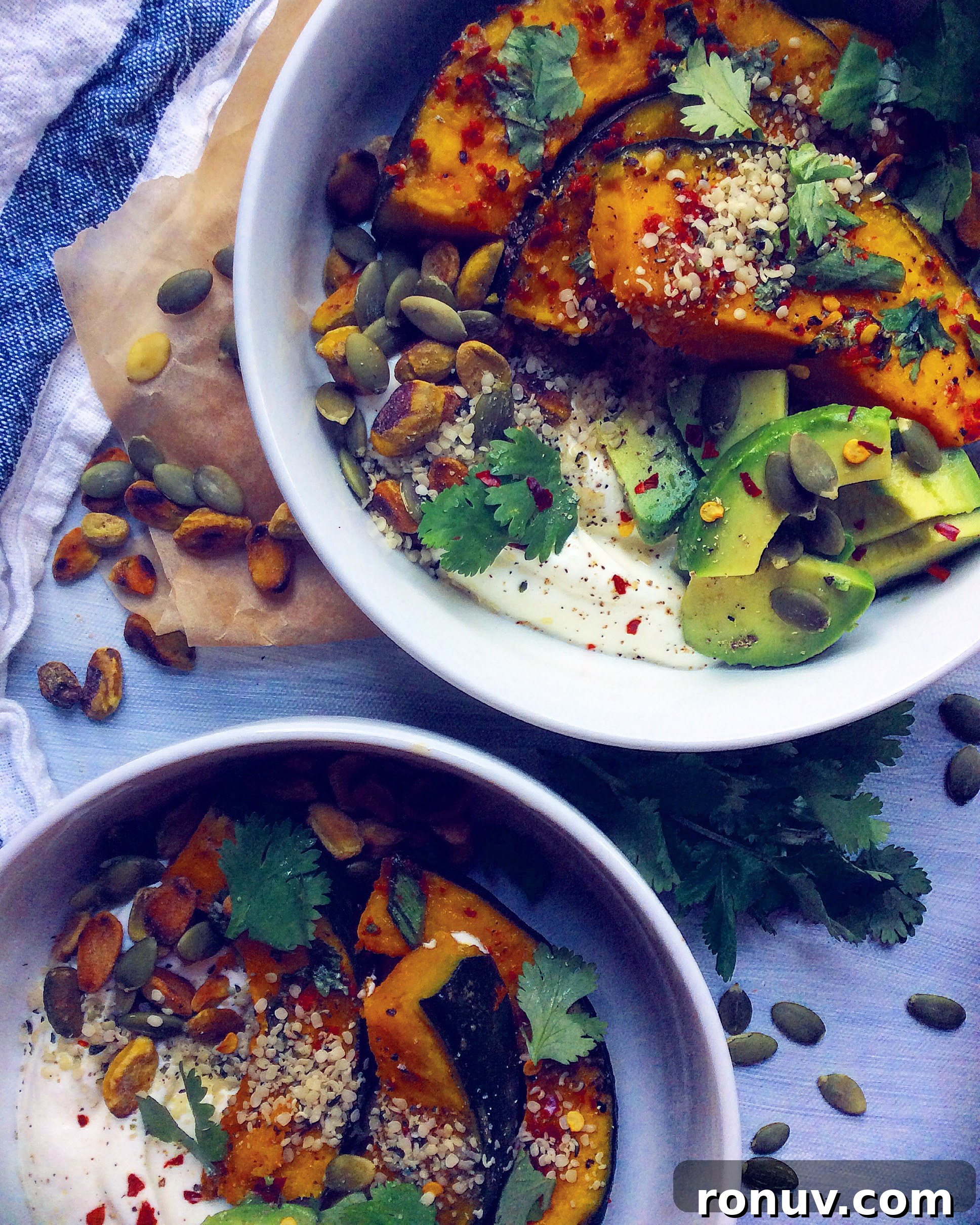Savory Yogurt Bowl Recipe with Roasted Kabocha and Pistachios 2 Savory Yogurt Bowls with Roasted Kabocha and Pistachios