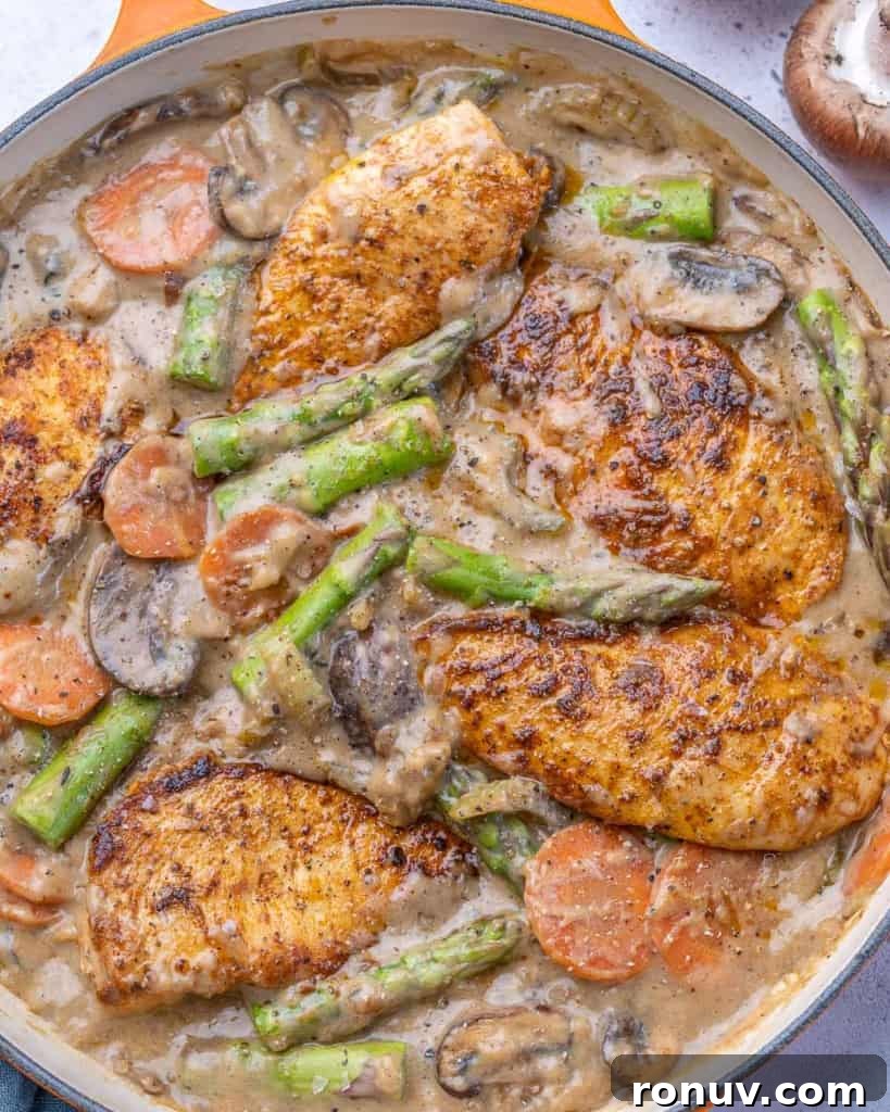 Chicken Fricassee Recipe with Mushrooms and White Wine 9 Chicken, asparagus, mushrooms, carrots, and celery in orange pan