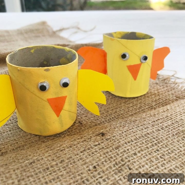hessian cloth with little cardboard spring chicks that kids have made
