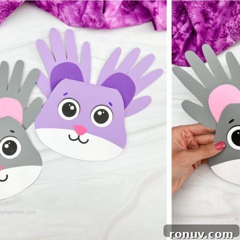 grey and purple painted bunny's with handprint ears