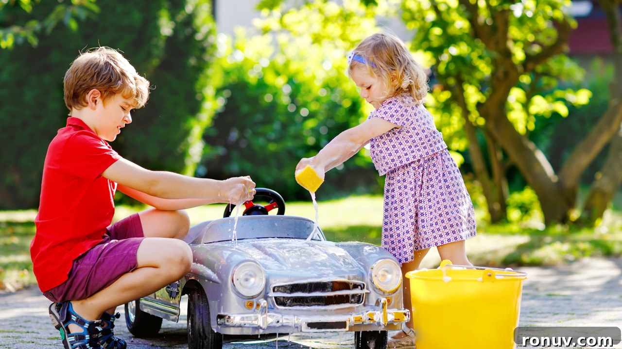 Kid-Friendly Natural Cleaners: Teach Kids to Clean Safely 2 With Natural Cleaners, Kids Can Clean Too - children cleaning a toy car with soap and water