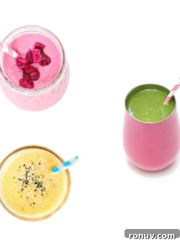 Three images of fruit smoothies with straws.