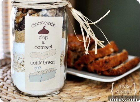 Oatmeal Chocolate Chip Quick Bread Oatmeal Chocolate Chip Quick Bread in a large mason jar in front of a sliced baked loaf of bread behind it