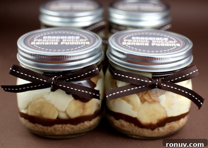 Chocolate Peanut Butter Banana Puddings Chocolate Peanut Butter Banana Puddings in small mason jars tied with a bow