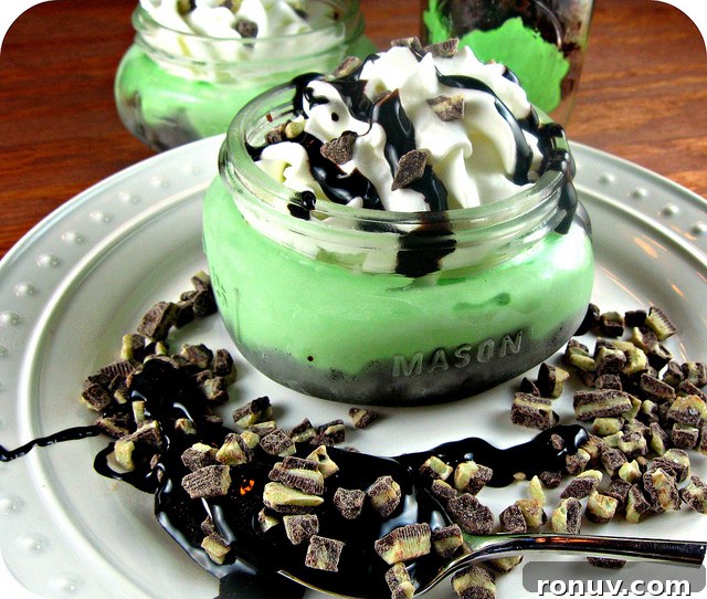 Mint Brownie Grasshopper Pie in a Jar Mint Brownie Grasshopper Pie in a small mason jar topped with whipped cream and drizzled chocolate displayed on a plate