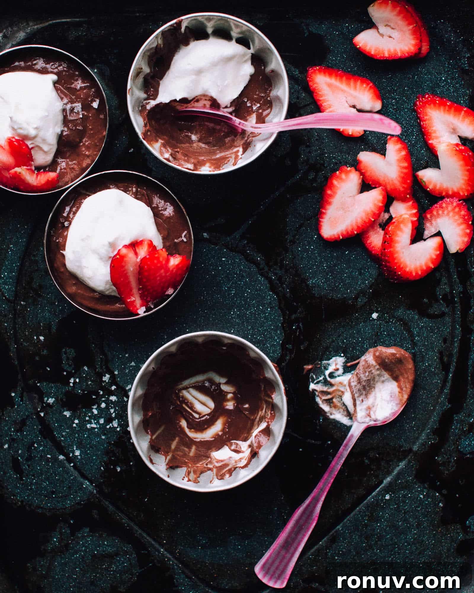 Valentine's Day Dessert Recipes for Date Night 19 Salted Double Chocolate Pudding in glass jars.