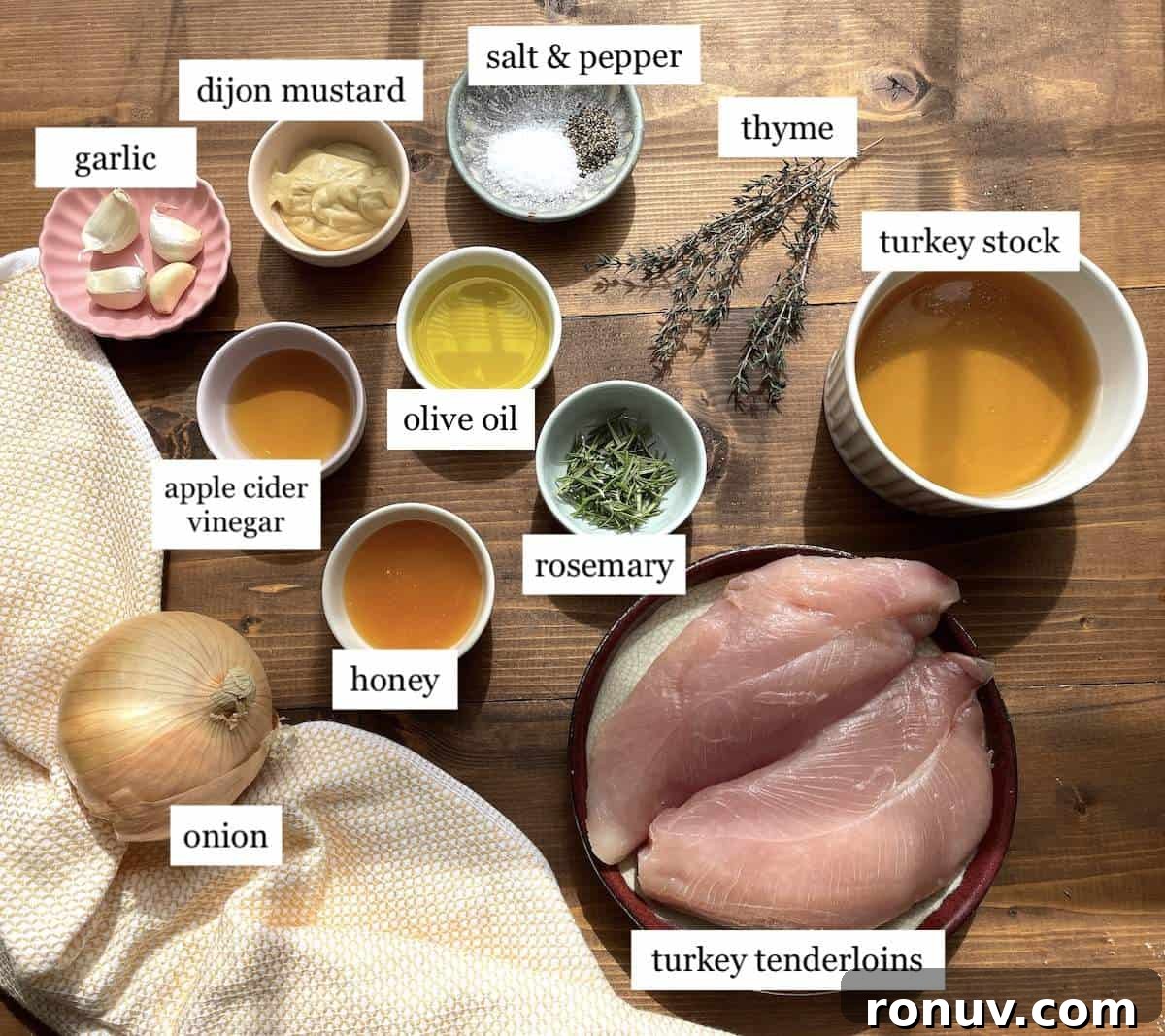Slow-Cooker Turkey Tenderloins in Honey Mustard Gravy 3 The ingredients needed to make crockpot turkey tenderloins, laid out and labeled.