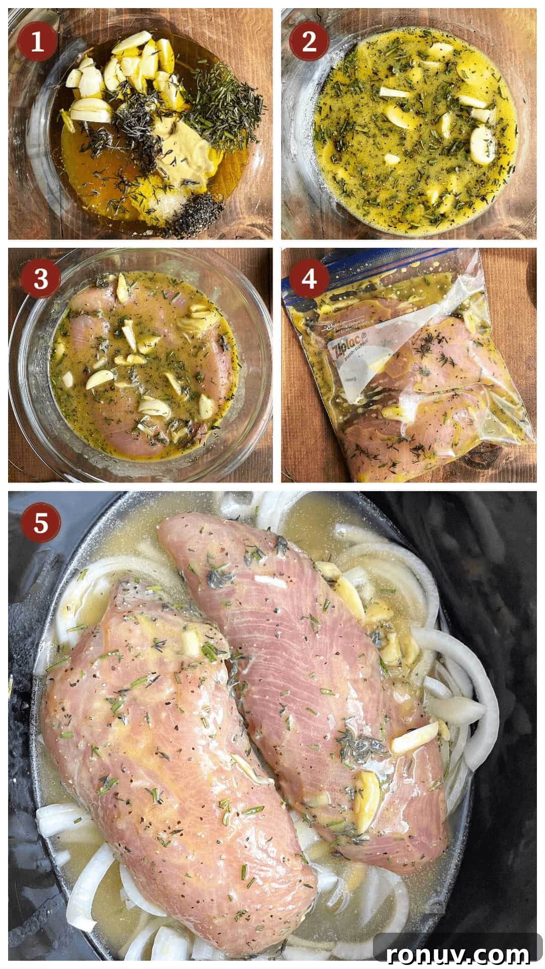 Slow-Cooker Turkey Tenderloins in Honey Mustard Gravy 4 A collage of images showing how to make crockpot turkey tenderloins, steps 1-5.