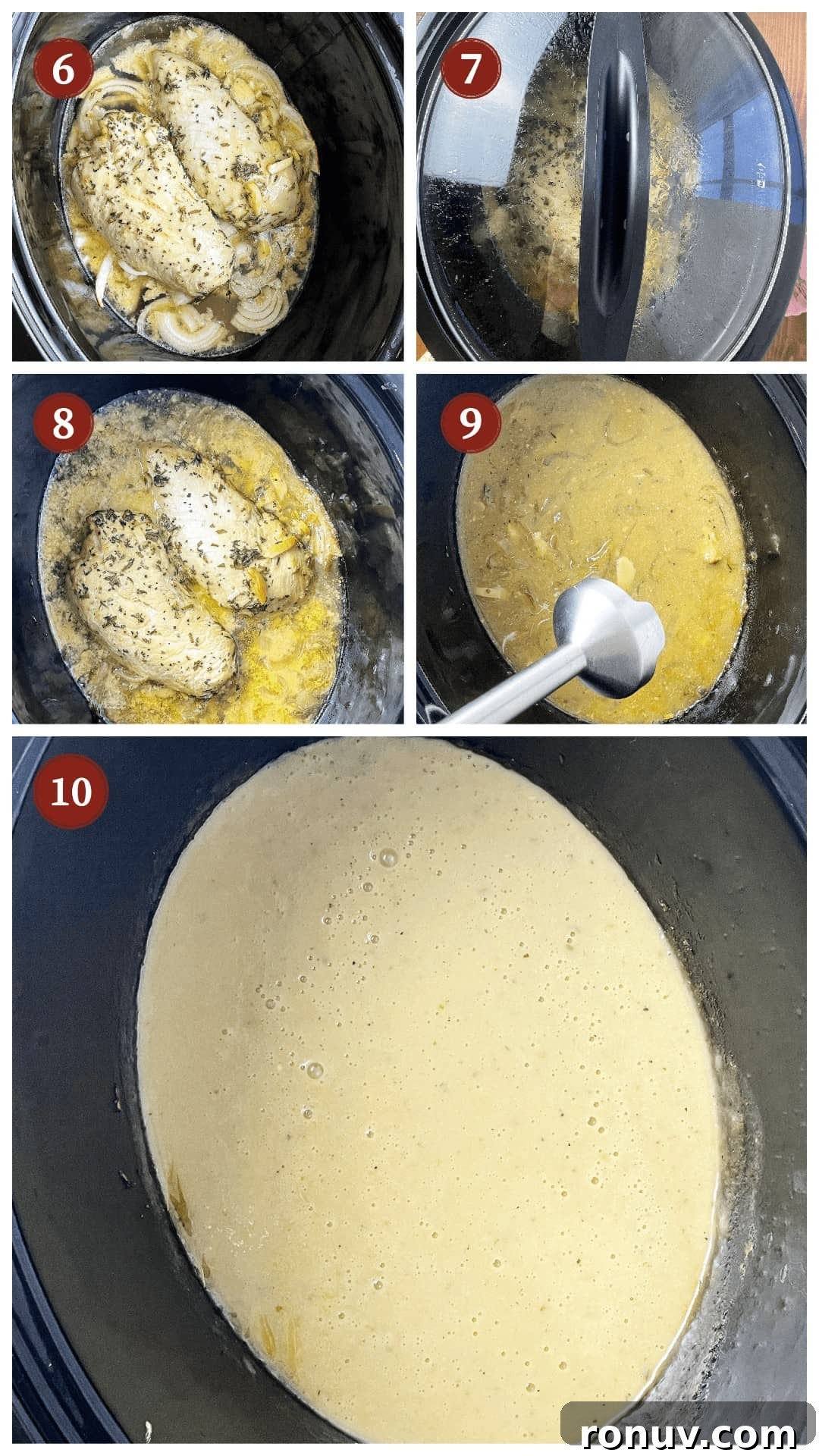 Slow-Cooker Turkey Tenderloins in Honey Mustard Gravy 5 A collage of images showing how to cook crockpot turkey tenderloins, steps 6-10.