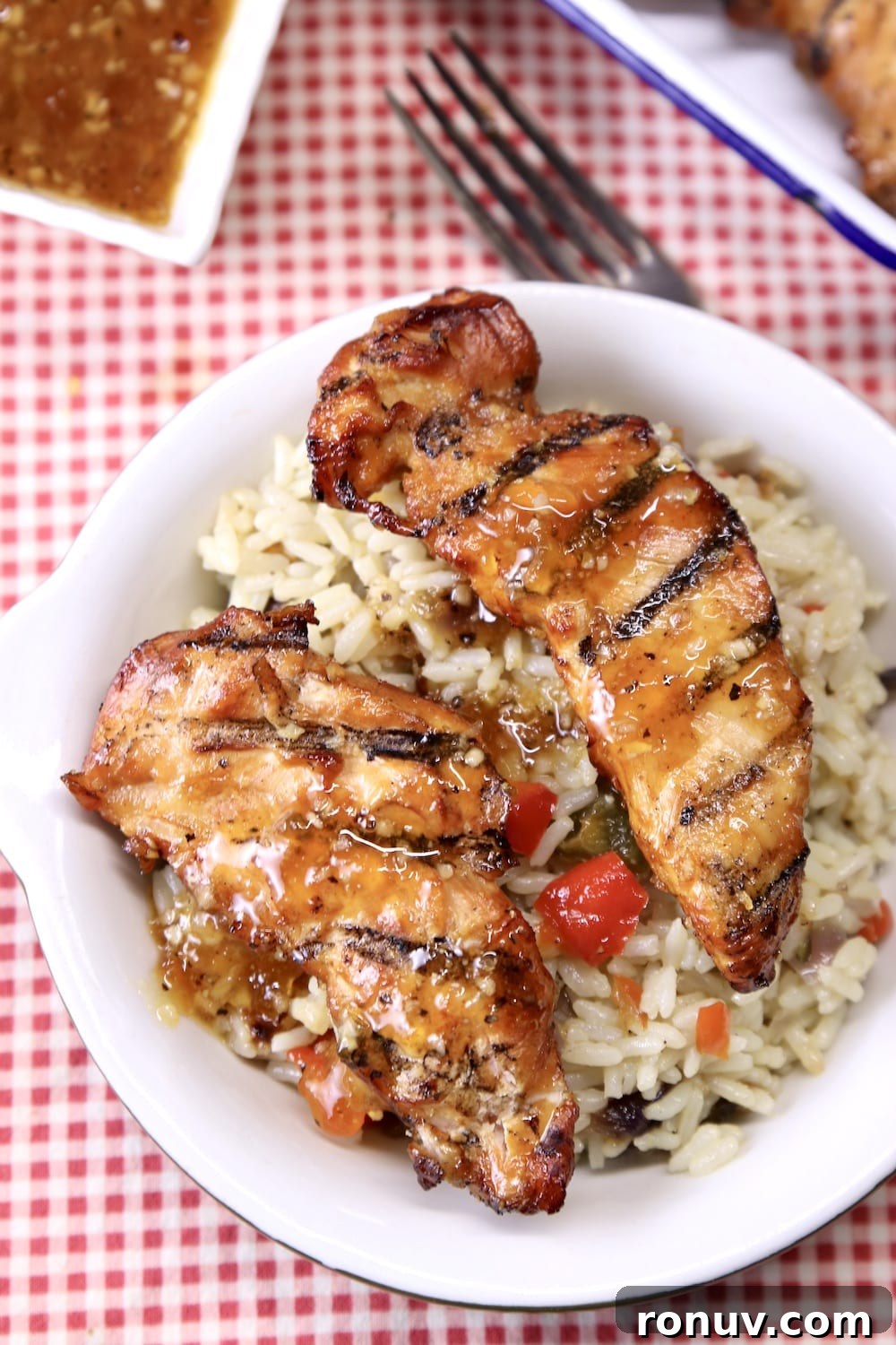 Sticky Apricot-Glazed BBQ Chicken Tenders 10 chicken tenders served with rice pilaf