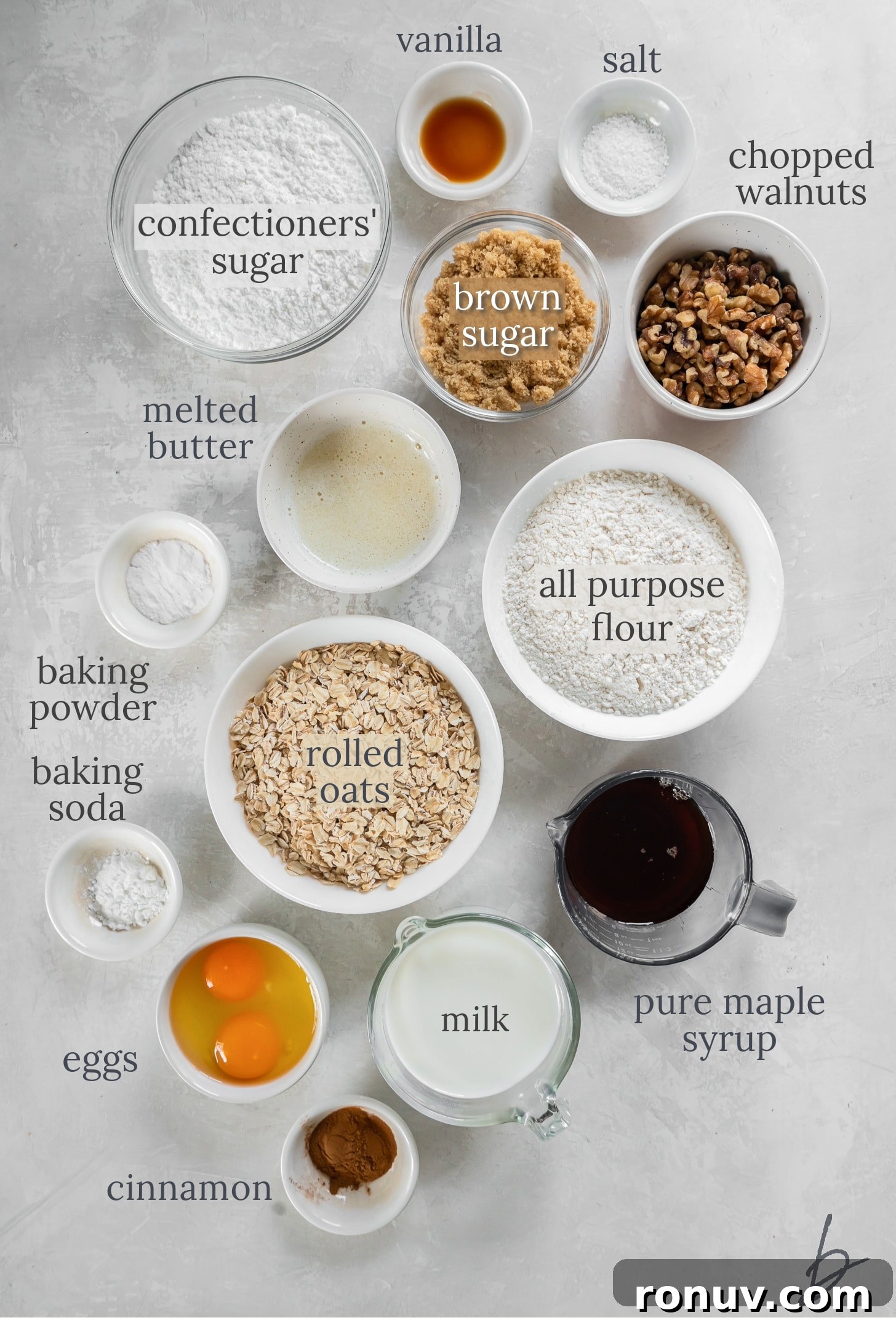 Maple Walnut Muffins Recipe 3 bowls of ingredients to make maple muffins.
