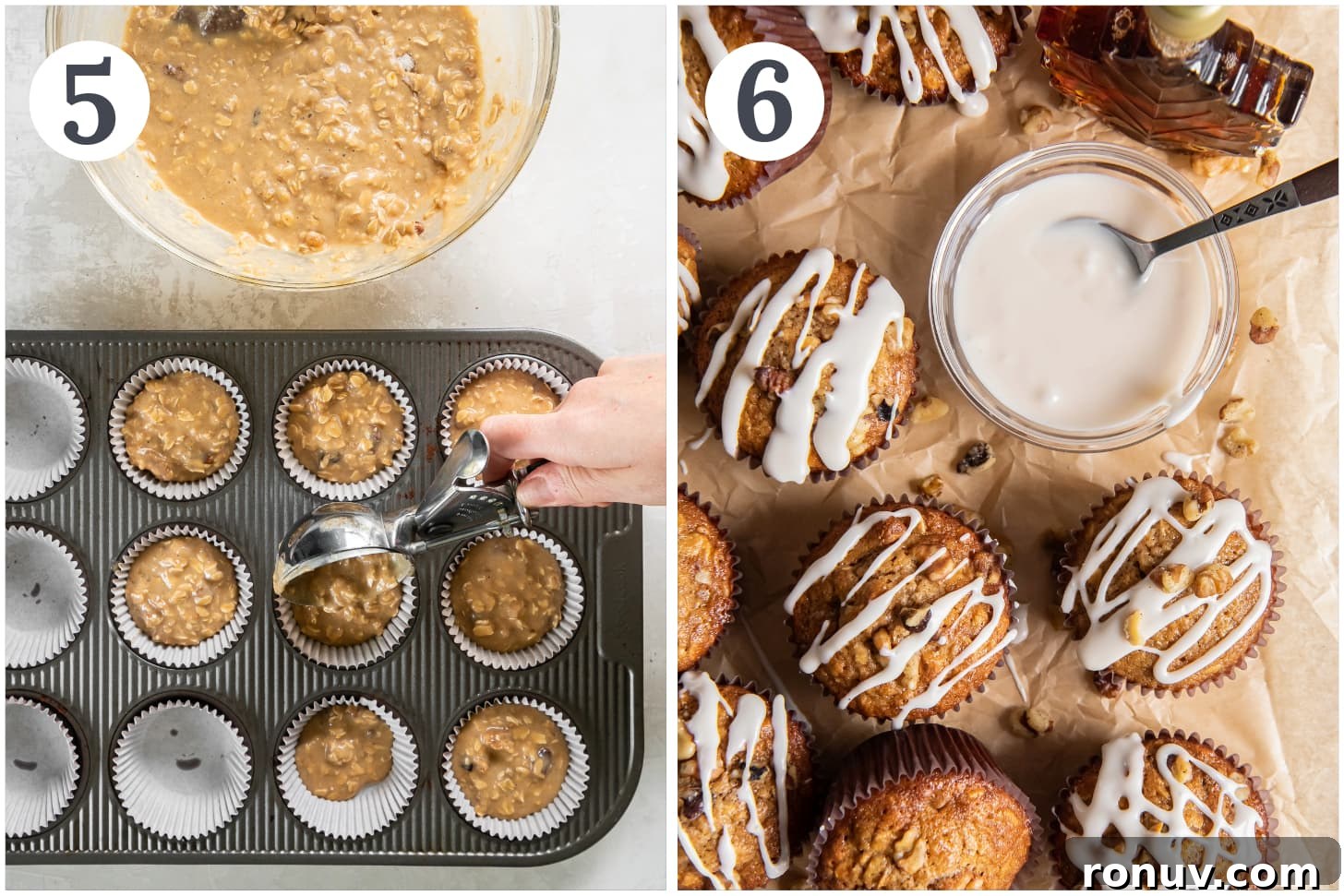 Maple Walnut Muffins Recipe 5 photo collage demonstrating how to make maple muffins in a muffin tin and make maple glaze in a small bowl.