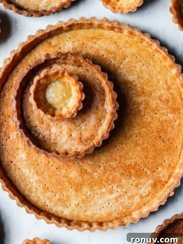 Golden brown baked tart shells in tartlet, mini and large sizes.
