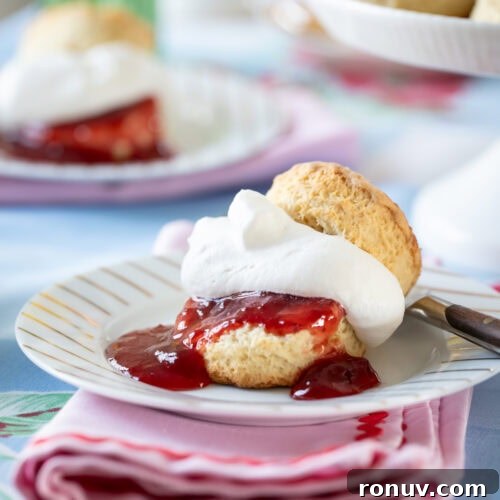 scone served with whipped cream and strawberry jam on a plate with a fork.