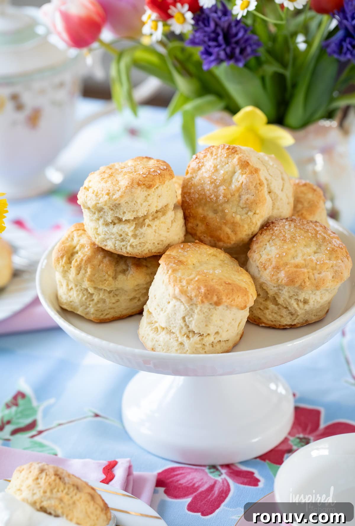 Classic Buttery Homemade Scones Recipe 3 small cake stand filled with homemade scones.