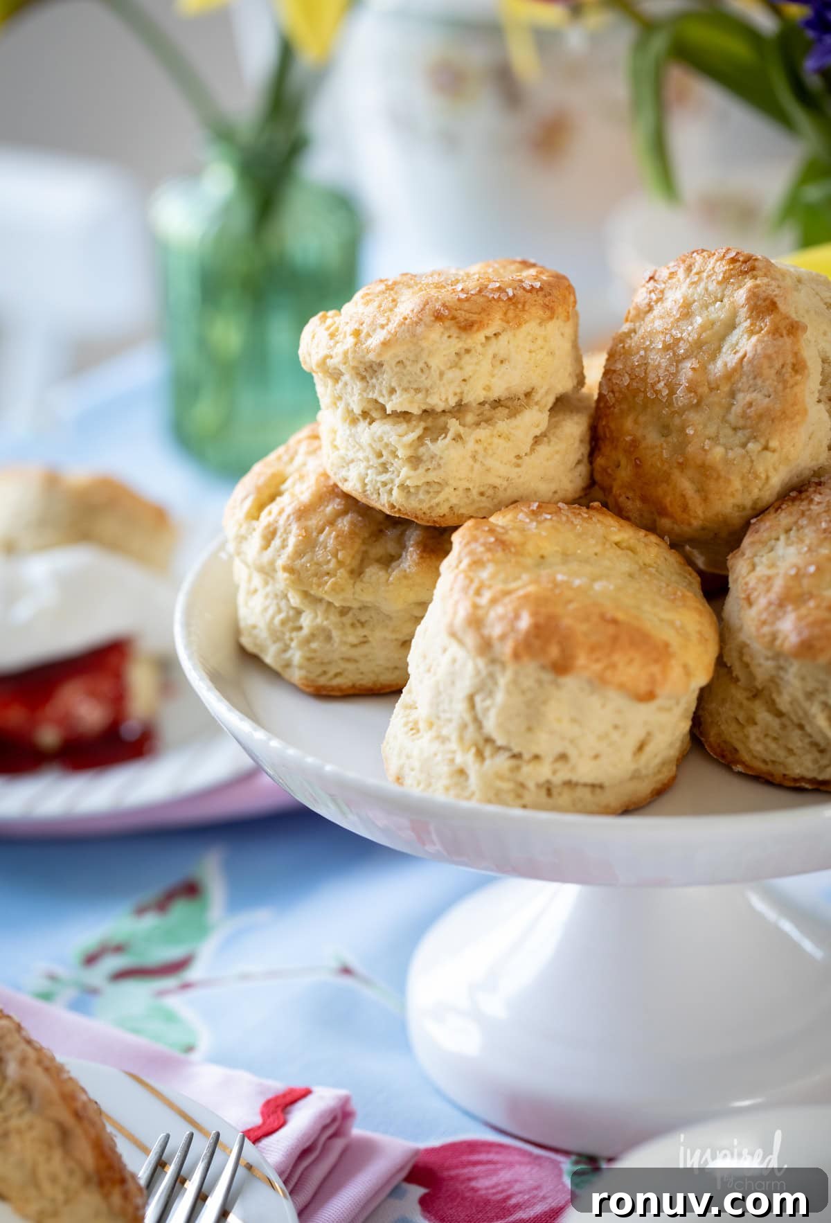 Classic Buttery Homemade Scones Recipe 7 stack of scones on a small white cake stand.