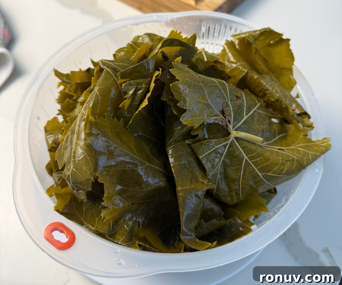 Authentic Warak Enab (Stuffed Grape Leaves) Recipe 5 Separated grape leaves on a cutting board
