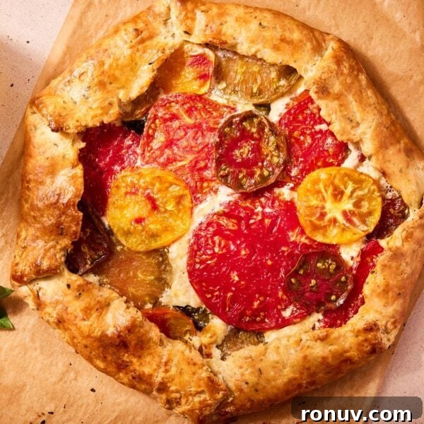 Fresh Tomato Galette Recipe with Basil 18 Freshly baked golden brown tomato galette sitting on piece of parchment with sprig of fresh basil.