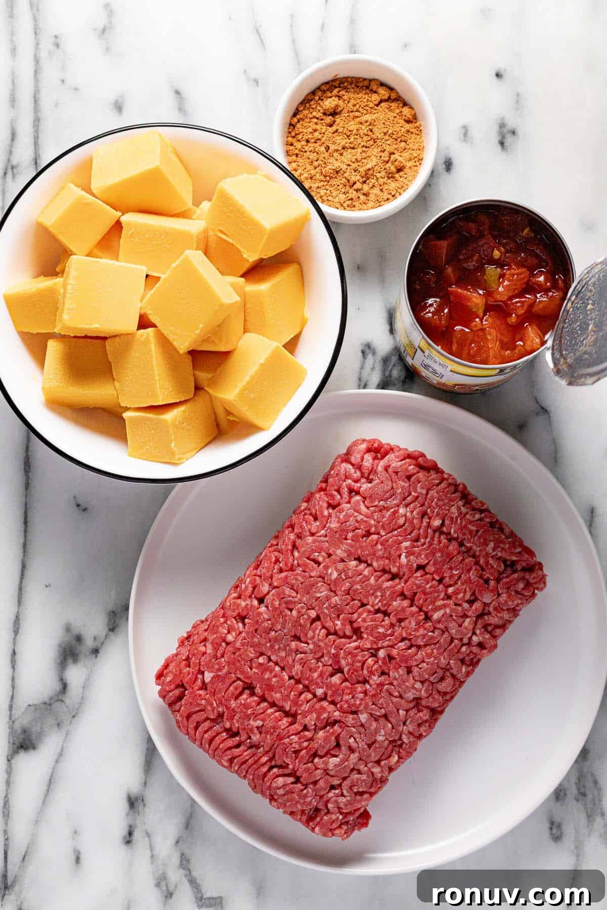 Creamy Cheesy Rotel Dip Recipe 3 Bowls of ingredients to make Velveeta rotel dip.