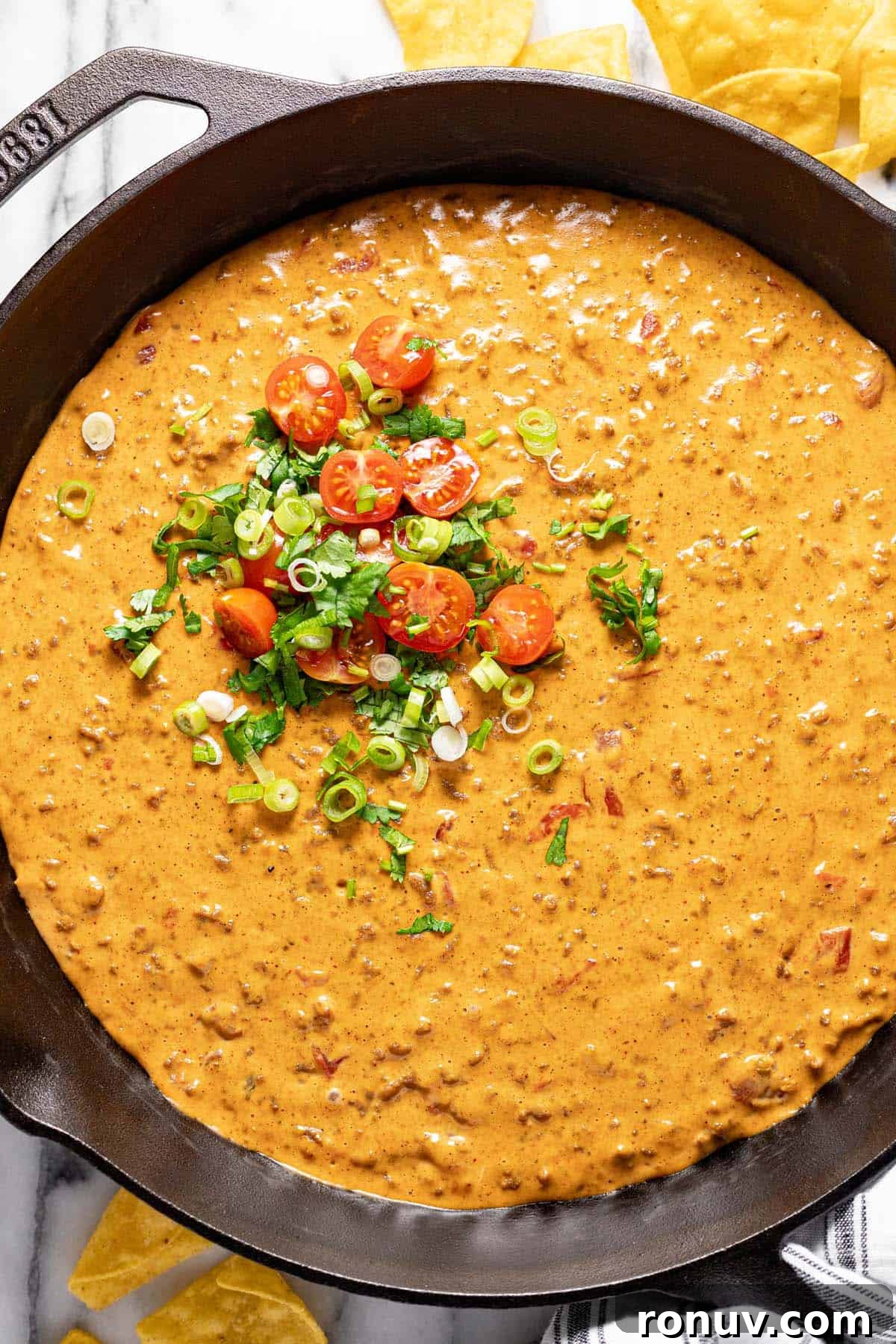 Creamy Cheesy Rotel Dip Recipe 7 Cast iron skillet filled with Velveeta dip garnished with tomatoes, cilantro, and sliced green onion.