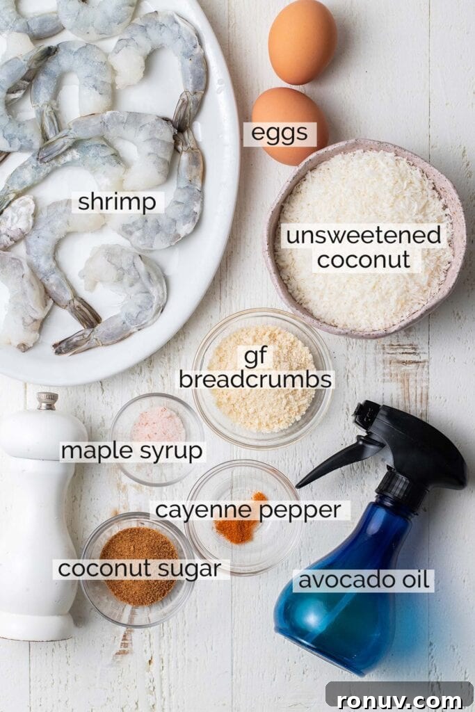 Crispy Baked Coconut Shrimp with Apricot-Chili Dip 3 The ingredients needed to make coconut shrimp in an oven.