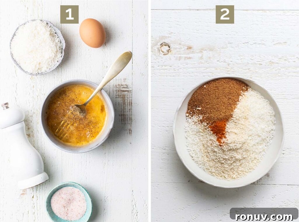 Crispy Baked Coconut Shrimp with Apricot-Chili Dip 5 Step visuals showing whisking egg and mixing coconut and breadcrumb mixture.