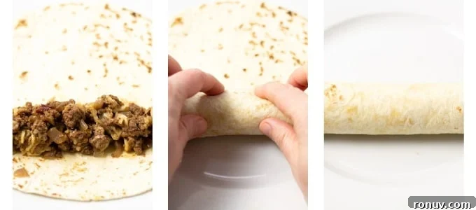 Collage of photos showing how to make flautas