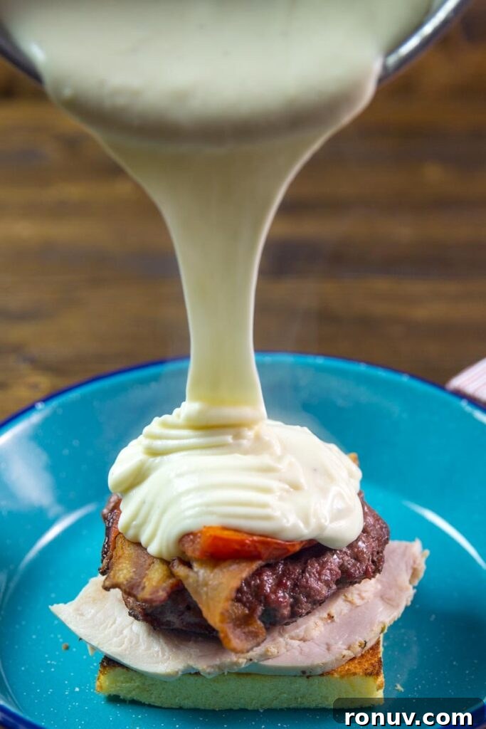 Kentucky Hot Brown Burger Recipe on the Big Green Egg 7 Kentucky Hot Brown Burger stacked