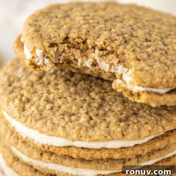 bite taken out of oatmeal cream pie on top of 3 cookies