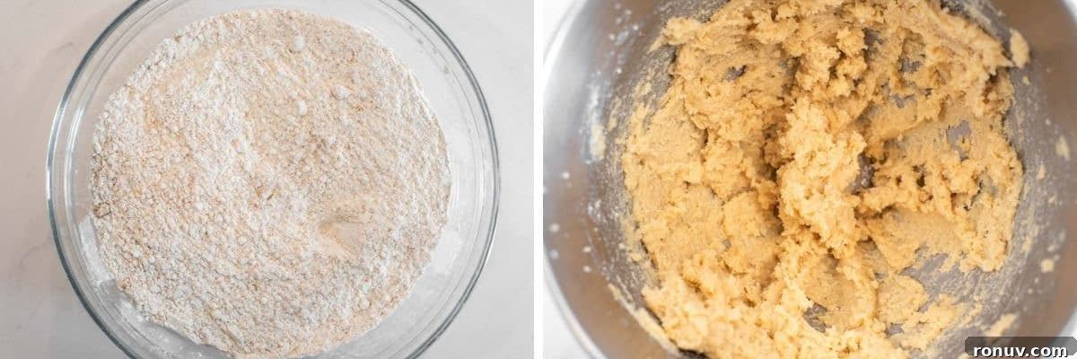 Soft Chewy Molasses Ginger Cookies 4 process shots of whisking dry ingredients in bowl and beating together butter and sugar in bowl