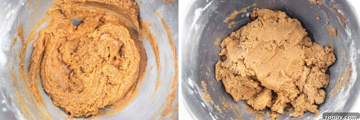 Soft Chewy Molasses Ginger Cookies 5 process shots of beating in eggs and molasses before adding in dry ingredients to bowl