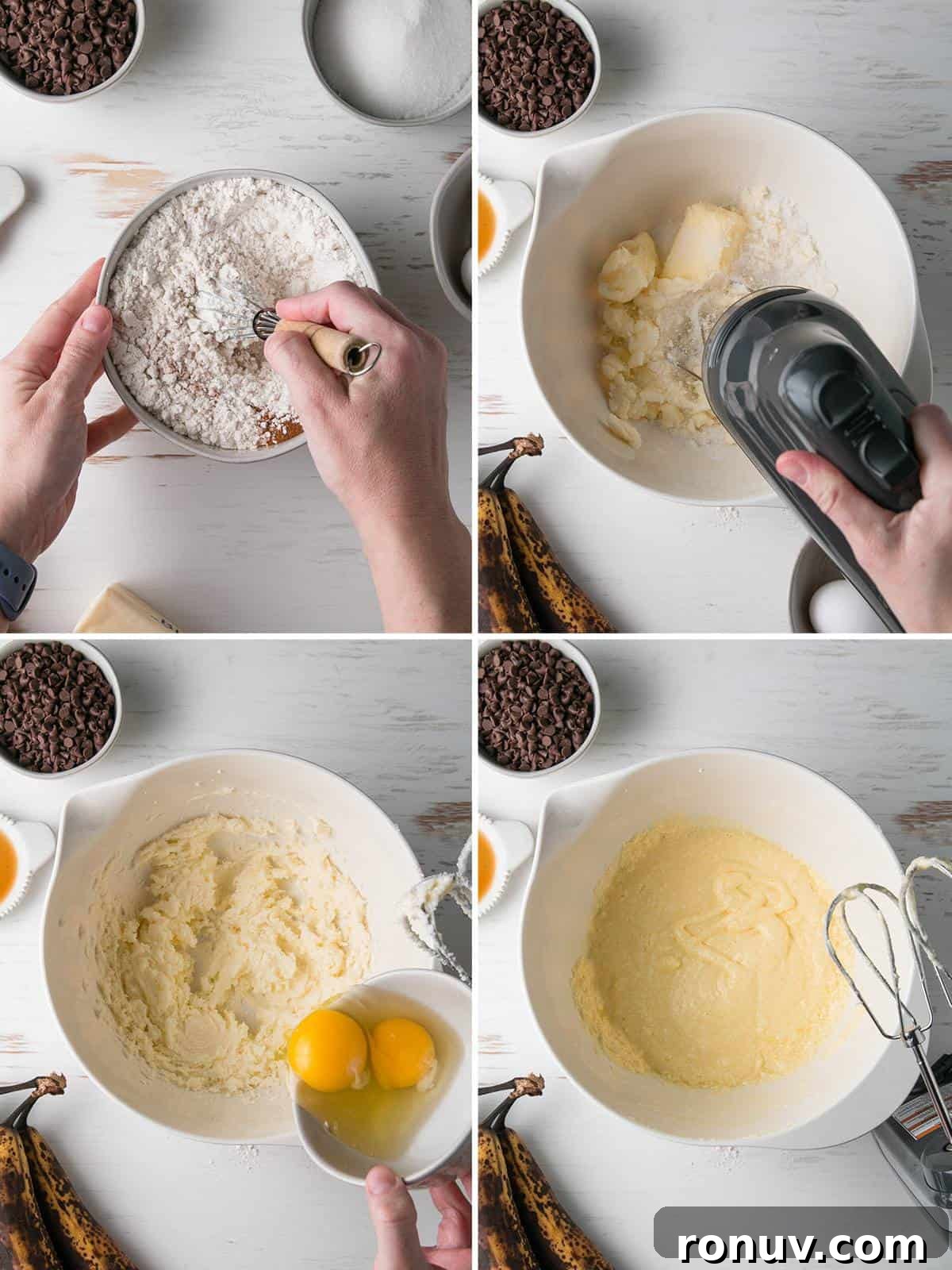 Gluten-Free Banana Muffins with Chocolate Chips 4 First steps to mixing the muffins, blending the dry ingredients, then the wet ingredients in separate bowls.