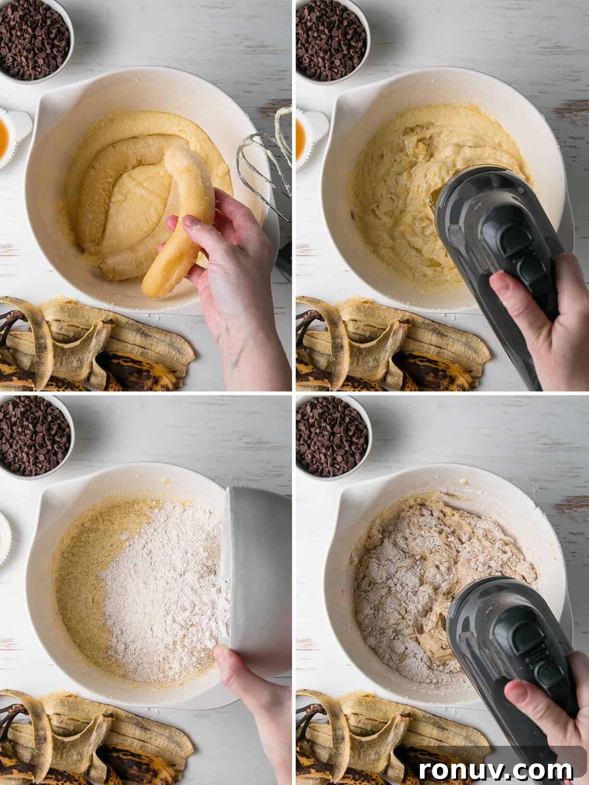 Gluten-Free Banana Muffins with Chocolate Chips 5 Adding in the bananas and then combining the wet and dry ingredients.
